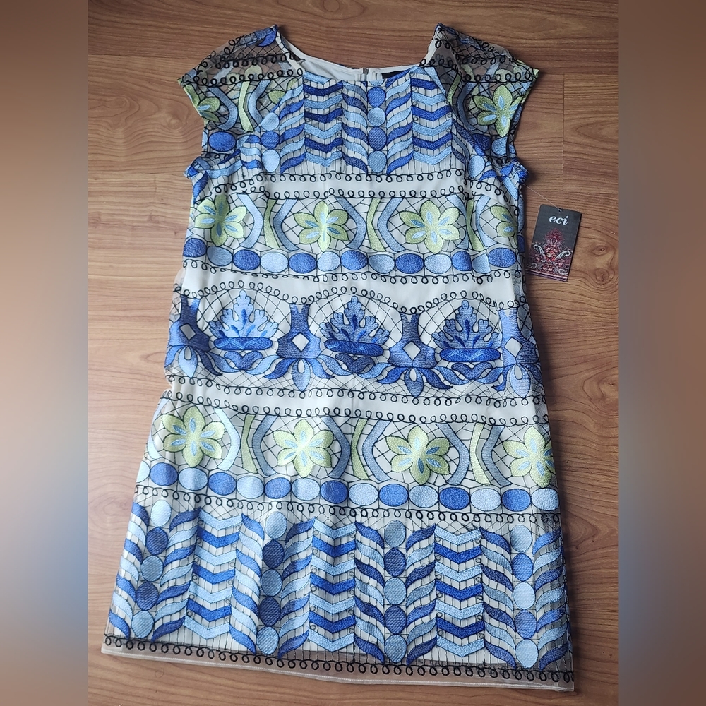 NWT Eci DRESS Blue/Green/Ivory 8
